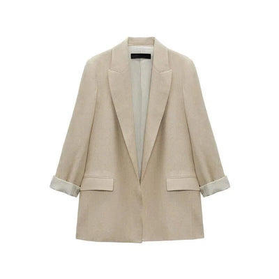 Women's Fashionable Curled Brim Cuff Polo Collar Top Blazer-Beige-7