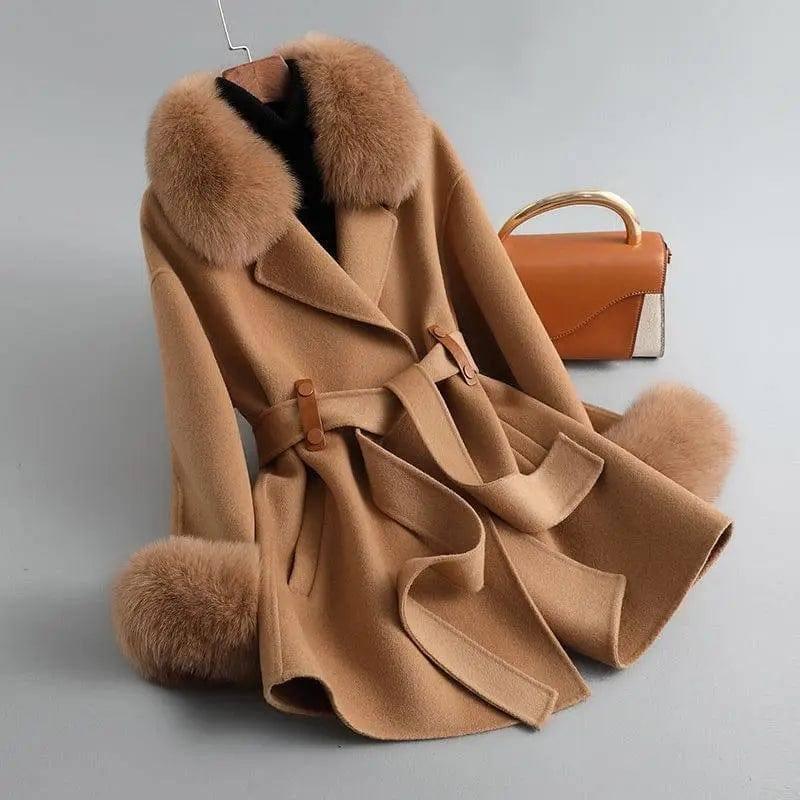 Women's Fox Fur Collar High Rui Double-sided Cashmere Coat-Brown-2