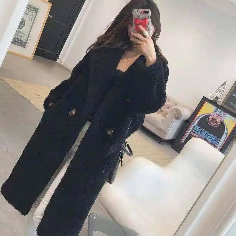 Women's Fur And Lamb Woolen Long Coat-Black-2