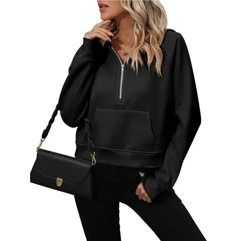 Women's Half Zip Pullover Hooded Sweatshirt Fleece Short-Black-3