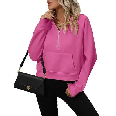 Women's Half Zip Pullover Hooded Sweatshirt Fleece Short-Pink-4