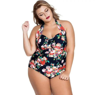 Women's Halterneck Gathered Plus Size One-piece-Black-1