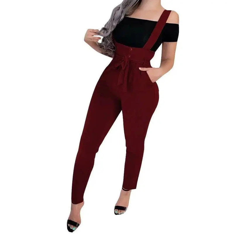 Women's high waist casual jumpsuit suspenders-Winered-12