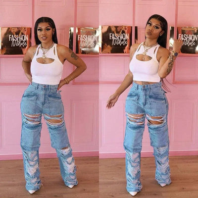 Women's High Waist Zipper Straight Ripped Jeans-1