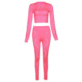 Women's Hollow-out Ripped High Waist Tight Pants Casual Sports Suit-Pink-4