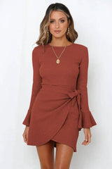 Women's Long Sleeve Dress Ruffle Flared Sleeve Bowknot-Brick red-5