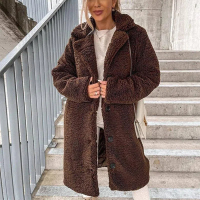 Women's Long-sleeved Lapel Plush Jacket Top-Coffee-2