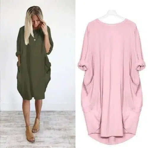 Women's Loose Casual Pocket Long Sleeve Dress-Pink-3