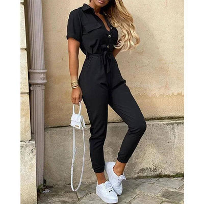 Women's Monochromatic Belt Workwear Jumpsuit, Casual Pants,-2