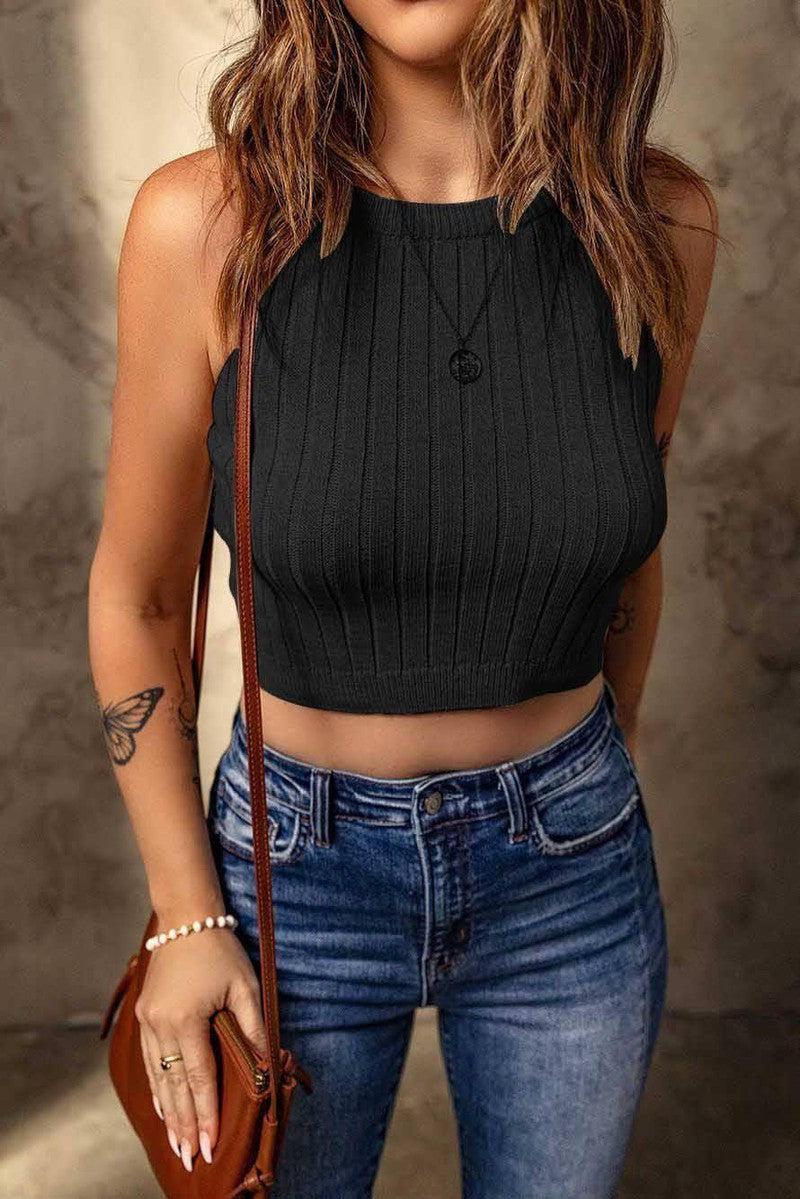 Women's Pure Color Halter Knitted Vest Slim Top-Black-5