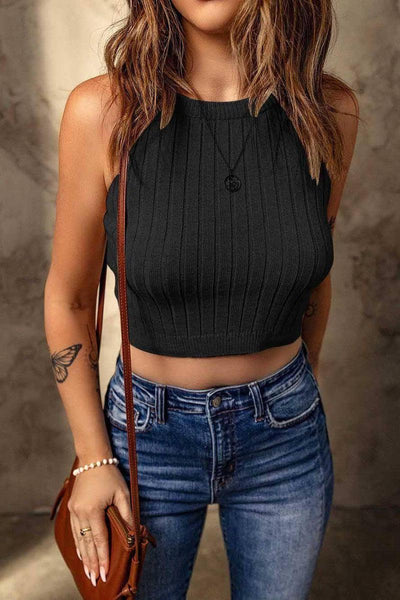 Women's Pure Color Halter Knitted Vest Slim Top-Black-5