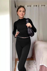 Women's Retro Two-piece Solid Color Suit-Black Long Sleeve Suit-7