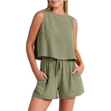 Women's Set Summer Sleeveless Tops And Drawstring Shorts-Green-5