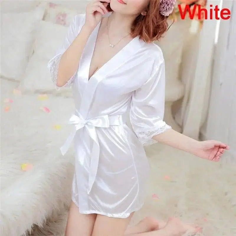 Women's Lingerie Set Ice Silk Robe with Bathrobe-White-5