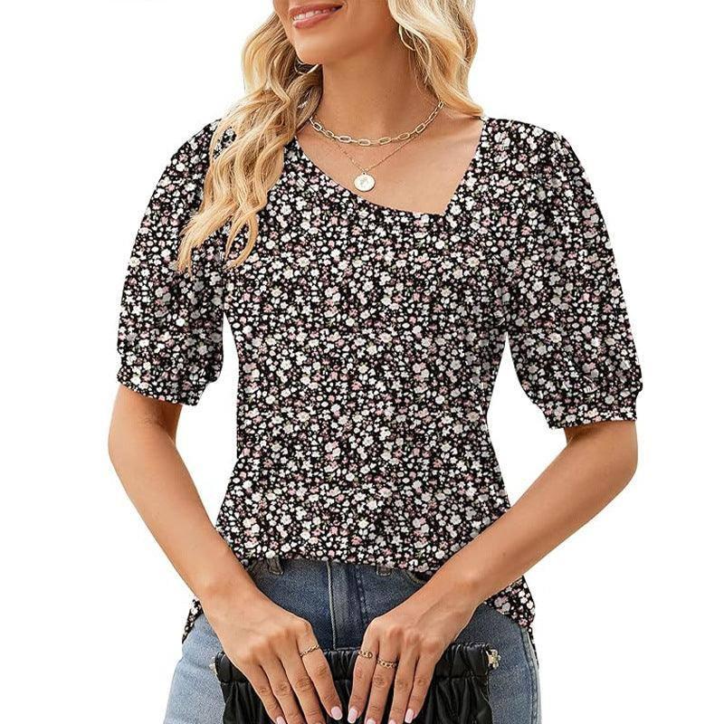 Women's Short Sleeve Irregular Puff Sleeve Loose Floral-Pattern 2-3