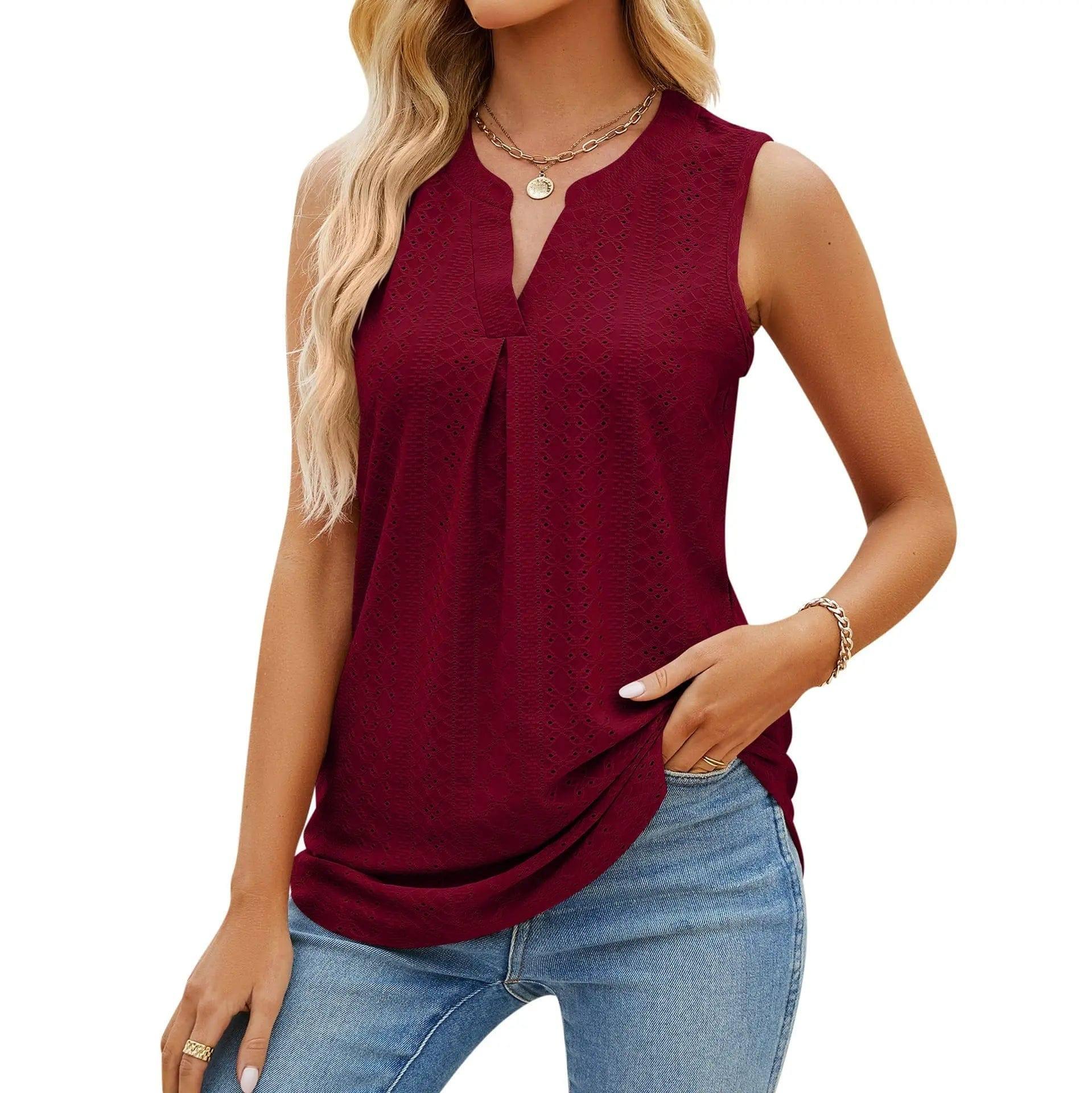 Women's Sleeveless T-shirt Summer Hole V-Neck Slim Fit Tank-Wine Red-5