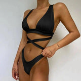 Women's Solid Color Cross Bikini Swimsuit-Black-5