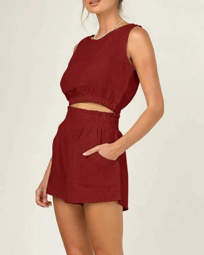 Women's Solid Color Sleeveless Short Top Shorts Suit-Wine Red-14