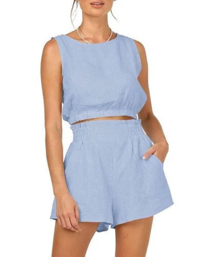 Women's Solid Color Sleeveless Short Top Shorts Suit-Light Blue-9