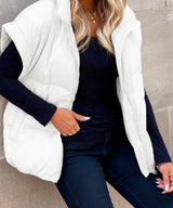 Women's Solid Color Zipper Pocket Cotton-padded Vest-White-5