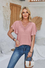 Women's Spring And Summer Lace Ruffle Sleeve Solid Color-Pink Color-13