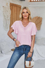 Women's Spring And Summer Lace Ruffle Sleeve Solid Color-Pink-9