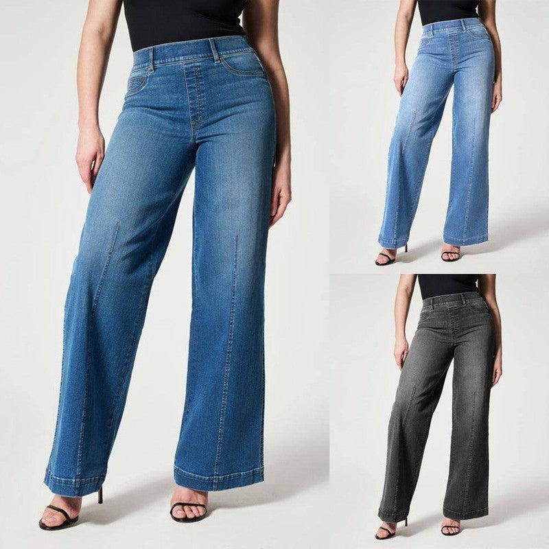 Women's Straight Jeans Mid Waist Wide Leg Pants High Elastic Waist Trousers-1