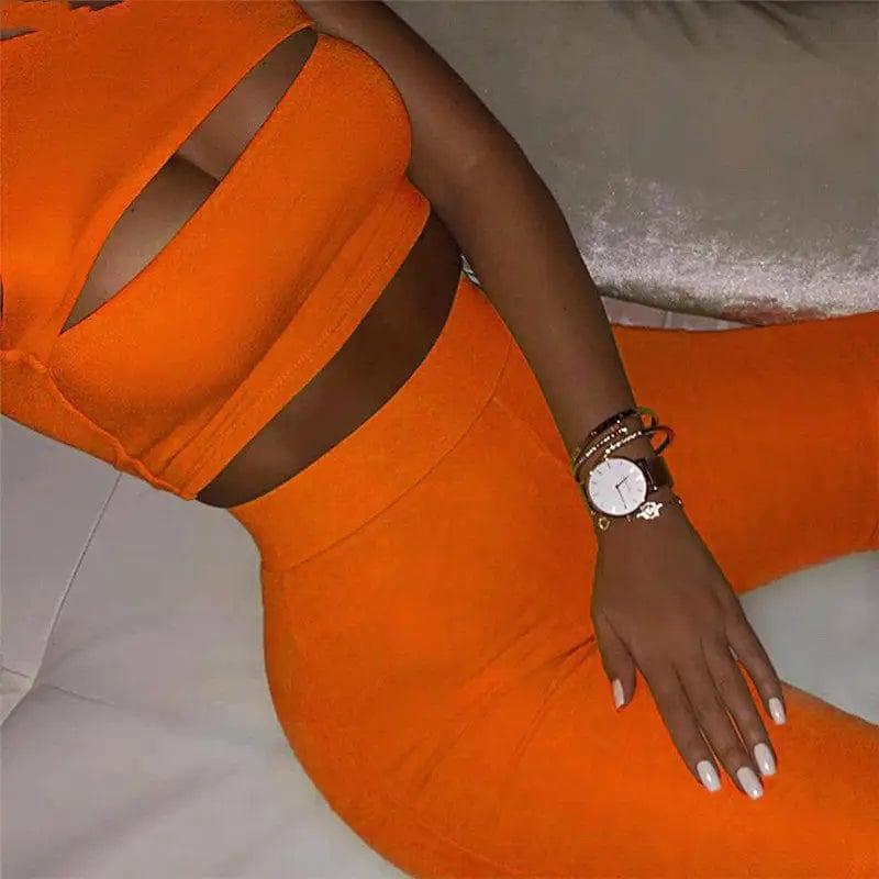 Women's Strapless Crop Tops Trousers Sports Outfits-Orange-4