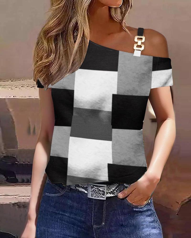 Women's Summer Simplicity Short-sleeved Metal Buckle Printed-Black And White Plaid-5