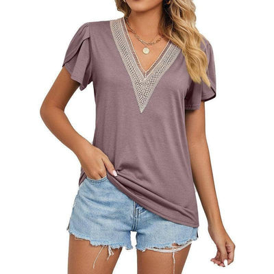 Women's Temperament Fashion Lace V-neck Short-sleeved Tops-Taro-8