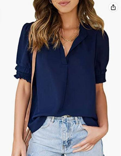 Women's V-neck Casual Short-sleeved Solid Color Chiffon-Navy Blue-11