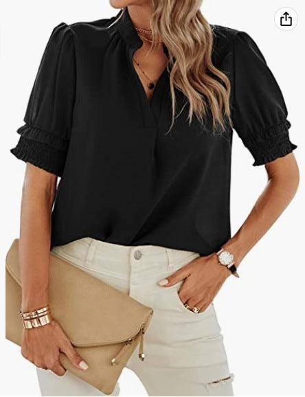 Women's V-neck Casual Short-sleeved Solid Color Chiffon-Black-8