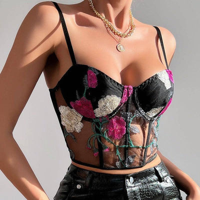 Women's Vest Retro Net Yarn Flowers Embroidered Vest-1