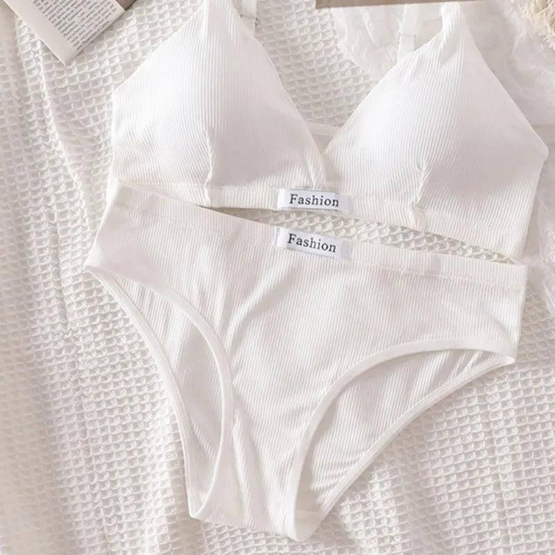 Women Seamless Bra Set V-neck Wireless Bras and Low-WHITE-7