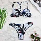 Women Swimwear Leaf Print Bikini Halter Swimsuit-S-3