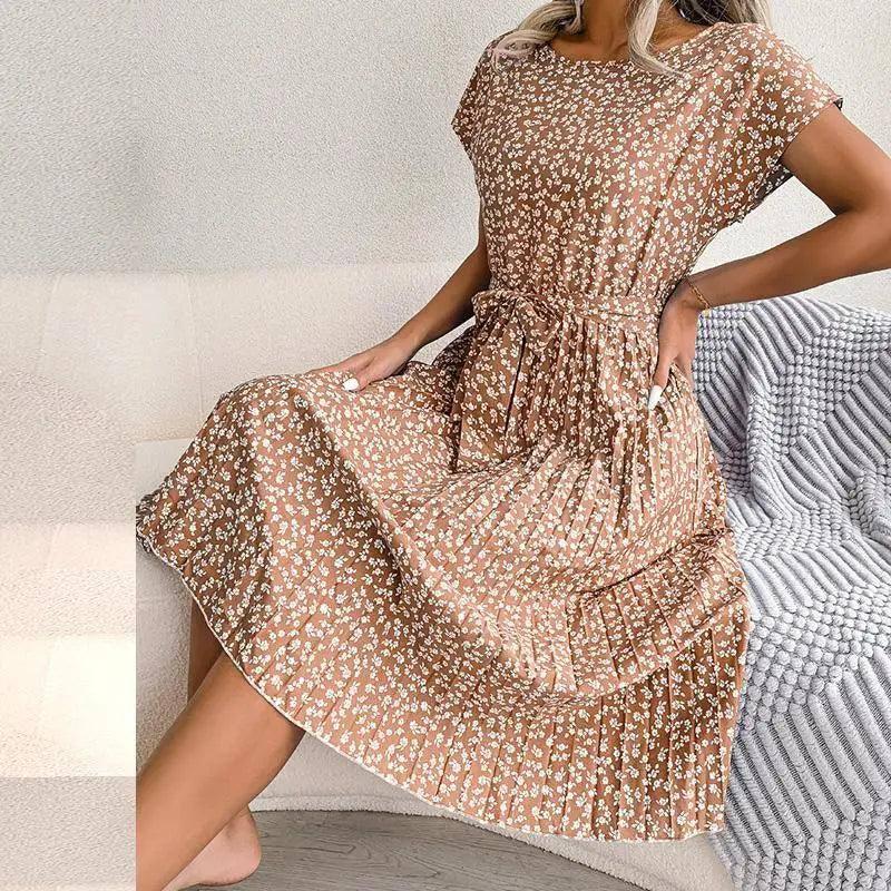 Women Spring Summer Short Sleeve High Waist Chic Dress-camel-14