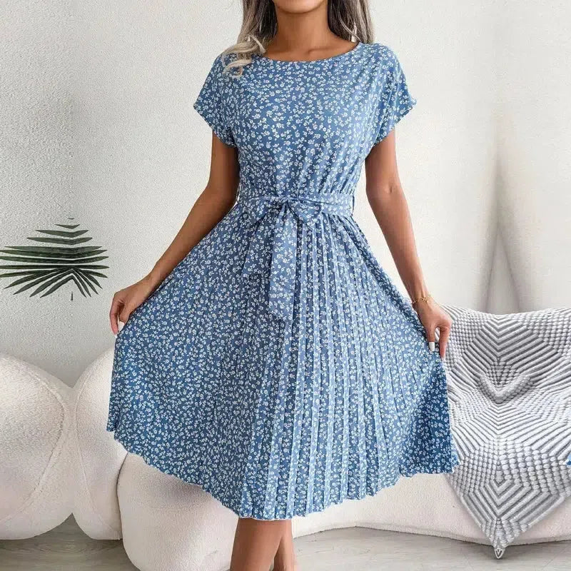 Women Spring Summer Short Sleeve High Waist Chic Dress-5