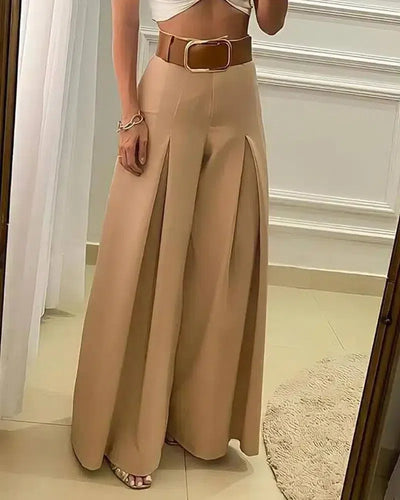 Women Summer Loose Long Pants High Waist Ruched Wide Leg-Khaki-1