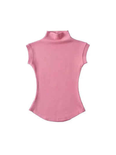 Women Summer Turtleneck Sleeveless T-Shirts Tops Solid-Pink-10