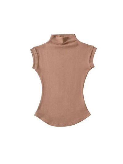 Women Summer Turtleneck Sleeveless T-Shirts Tops Solid-Coffe-8