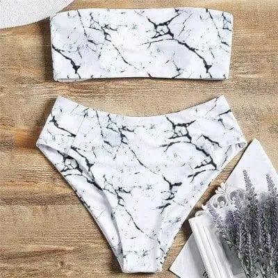 Women Wrapped Marble Printed Swimsuit Bikini Split-White-3