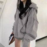 Women's Loose Mid-Length Plus Fleece Hooded Jacket-Grey-2