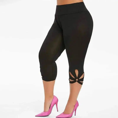 Women's solid color hollowed-out plus-size yoga leggings-Black-4