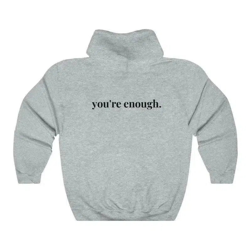 You're Enough Printed Back Casual Hooded Pocket Sweater-Grey black lettering-8