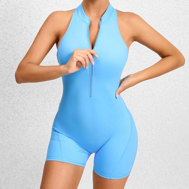 Zippered Yoga Fitness Shorts Jumpsuit Sleeveless Tummy Control Stretch Shapewear Butt Lifting Sportswear Women-Blue-13