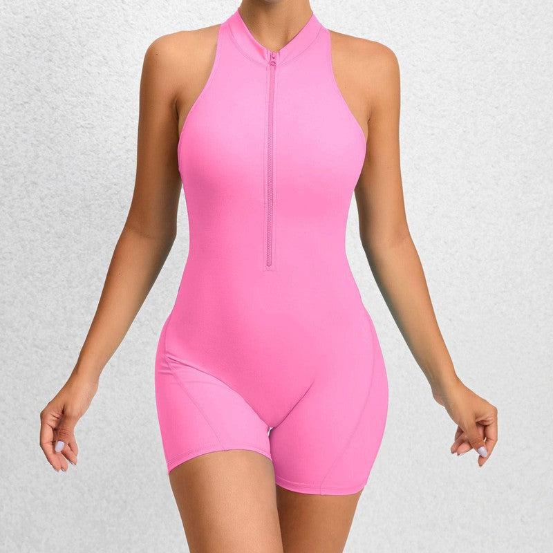 Zippered Yoga Fitness Shorts Jumpsuit Sleeveless Tummy Control Stretch Shapewear Butt Lifting Sportswear Women-Pink-6