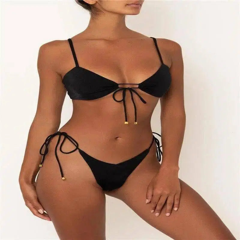 Split bikini with solid color strap-Black-7