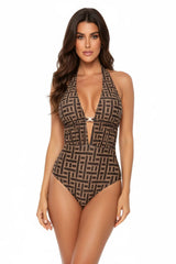 Elegant brown geometric one-piece swimsuit with deep V neckline and gold detail, luxury beachwear for women