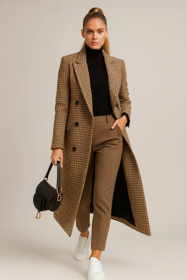 Women's long checked trench coat in brown plaid pattern with double-breasted style