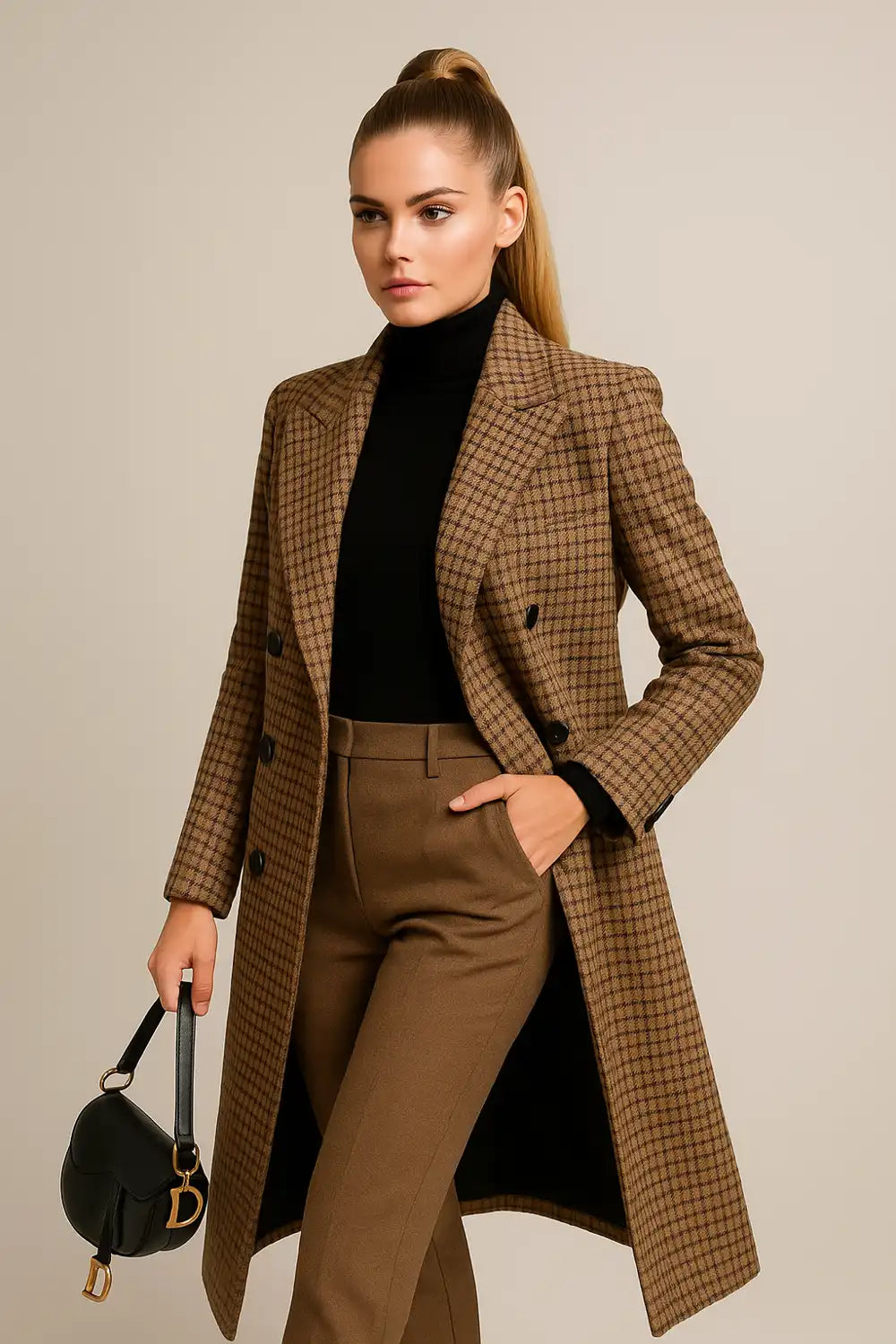 Elegant brown checked wool coat with tailored fit, styled with turtleneck and white sneakers.